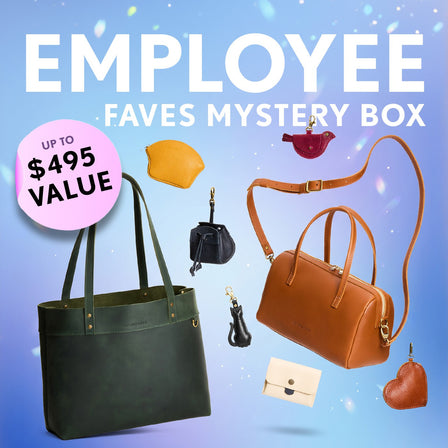 Two bags and accessories with text reading 'EMPLOYEE FAV MYSTERY BOX'