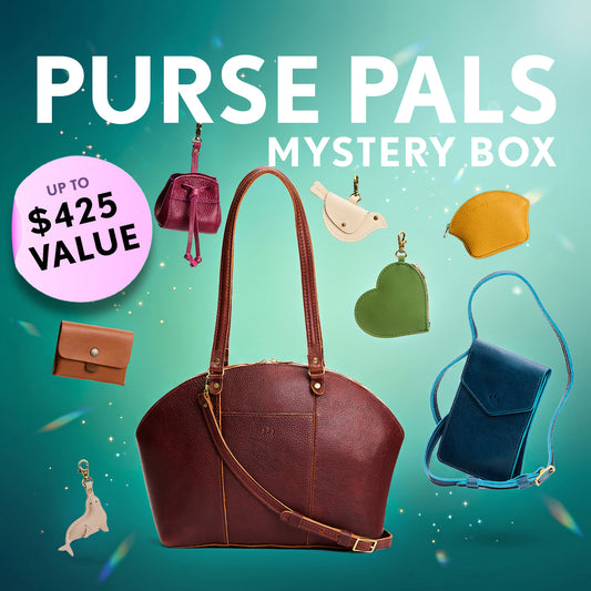 A collection of bags and small goods. Text reads "Purse Pal's Mystery Box. Up to $425 value"