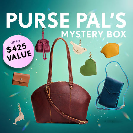 A collection of bags and small goods. Text reads "Purse Pal's Mystery Box. Up to $425 value"