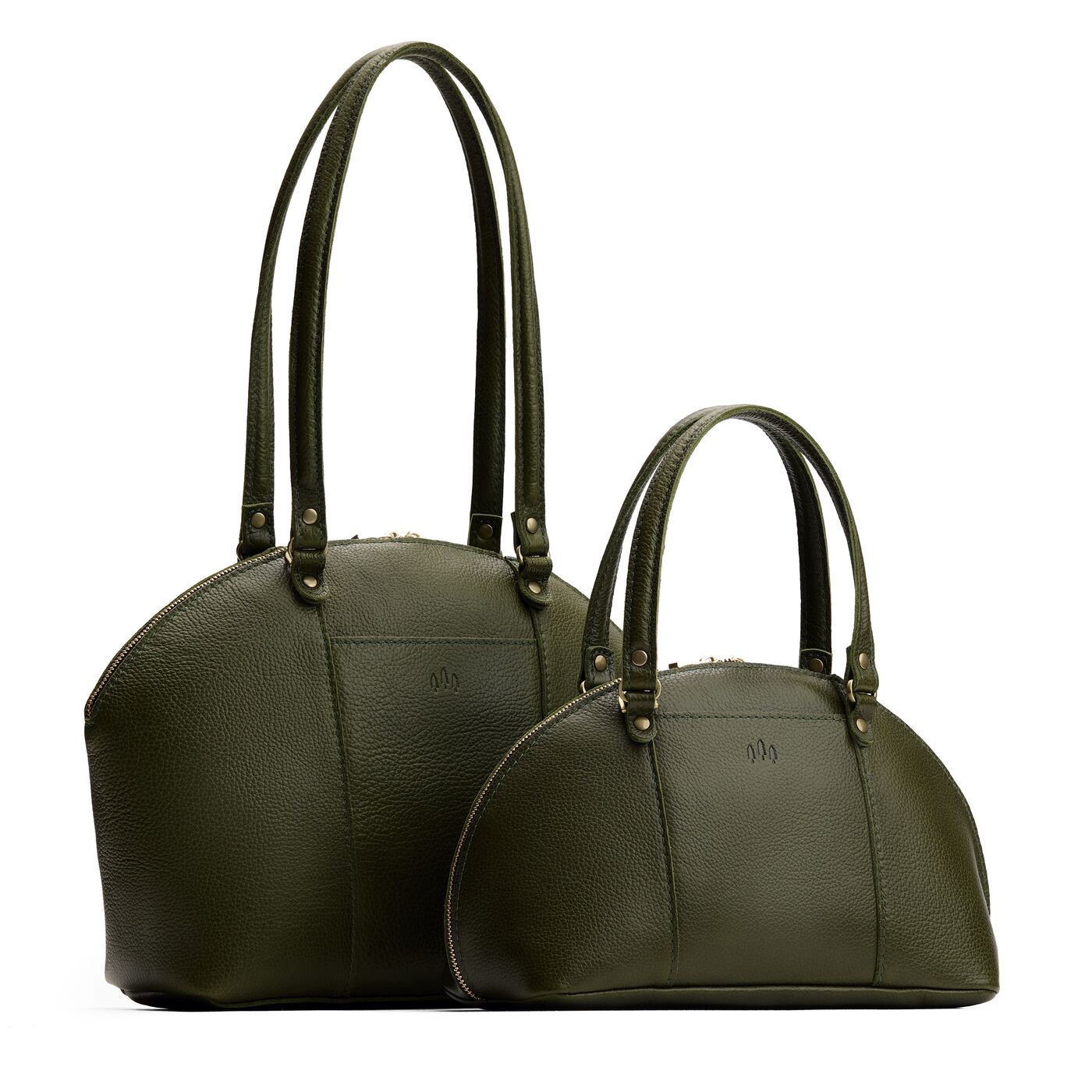 Pebbled Olive | Size comparison of the large and small half circle crossbody bag with handles and removable crossbody strap 