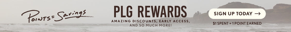 Waves crashing on a beach. Text: Points = Savings. PLG Rewards amazing discounts, early access, and so much more! Sign Up Today - $1 spent + 1 point earned.