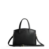 Black Medium | Leather tote bag with handles, adjustable crossbody strap, zipper top, and two back pockets