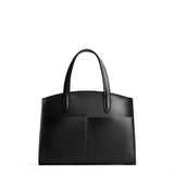 Black Medium| Leather tote bag with handles, adjustable crossbody strap, zipper top, and two back pockets