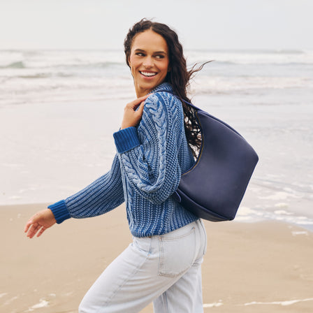 Cobalt*Medium | U-shaped, flat-bottomed leather shoulder bag with adjustable strap