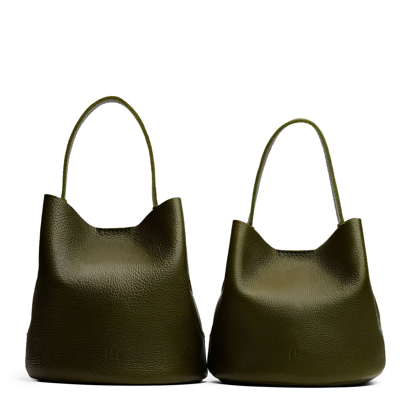 Pebbled Olive | Size comparison image of two symmetrical leather bucket bags