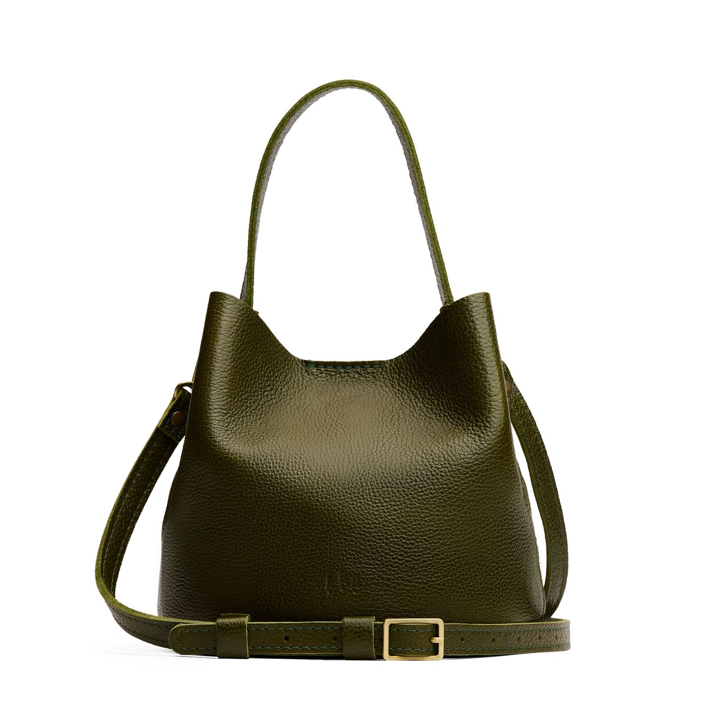 Pebbled Olive*Small | Symmetrical bucket bag with handle, latch closure, and removable crossbody strap