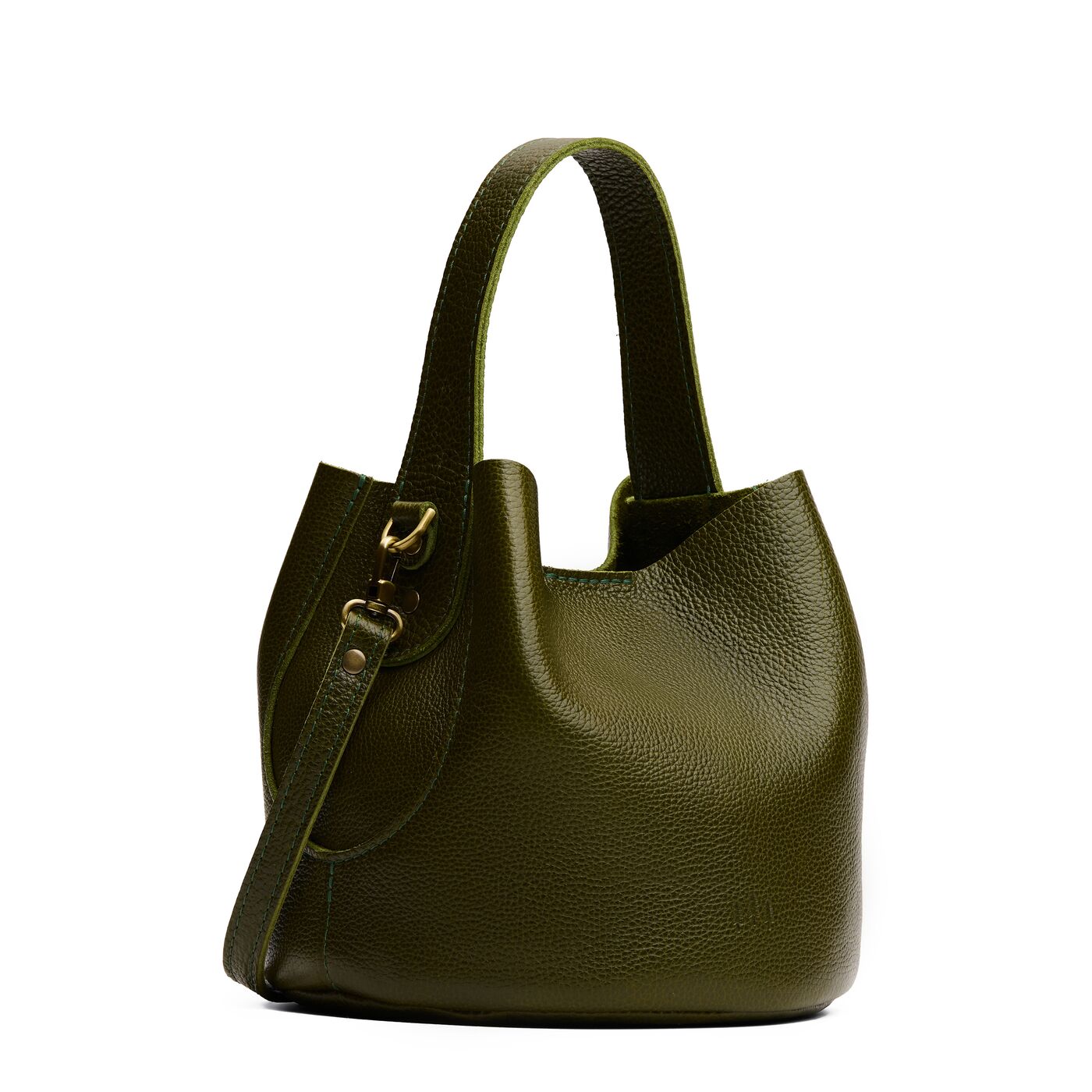 Pebbled Olive*Small | Symmetrical bucket bag with handle, latch closure, and removable crossbody strap