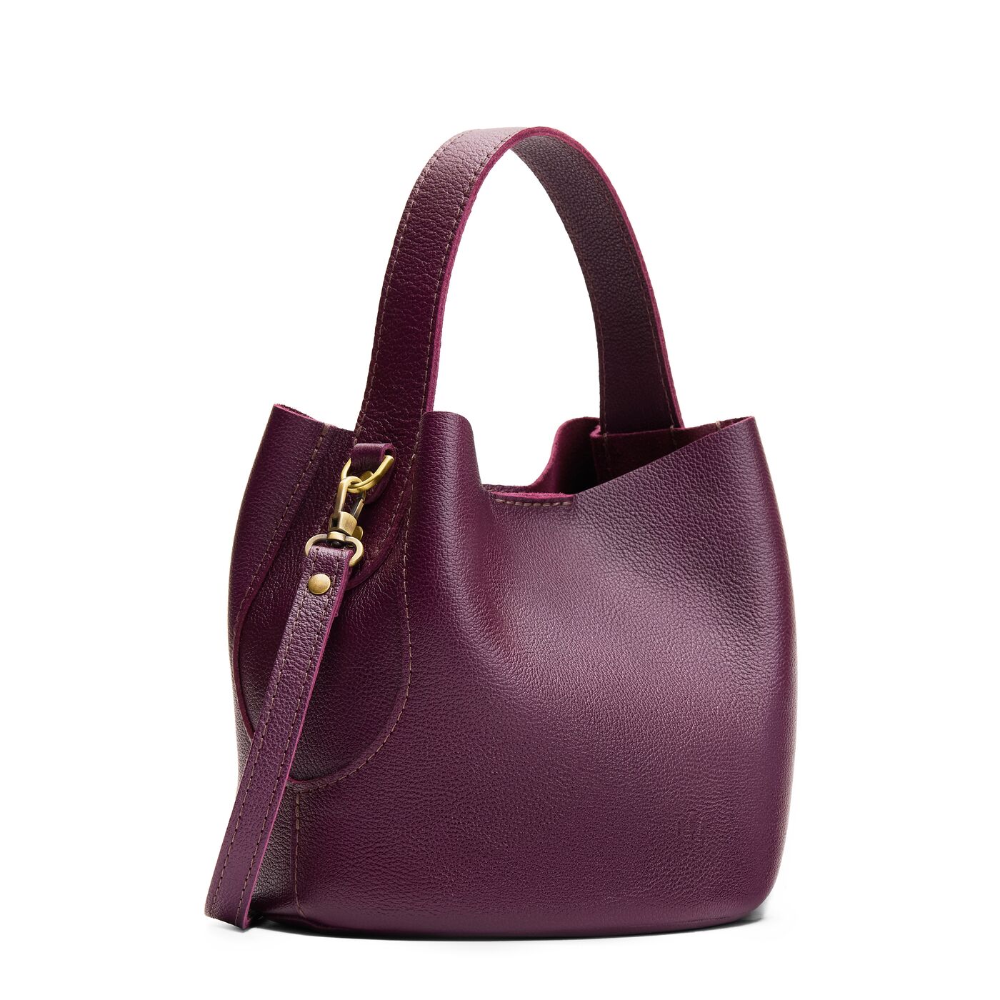 Plum*Small | Symmetrical bucket bag with handle, latch closure, and removable crossbody strap