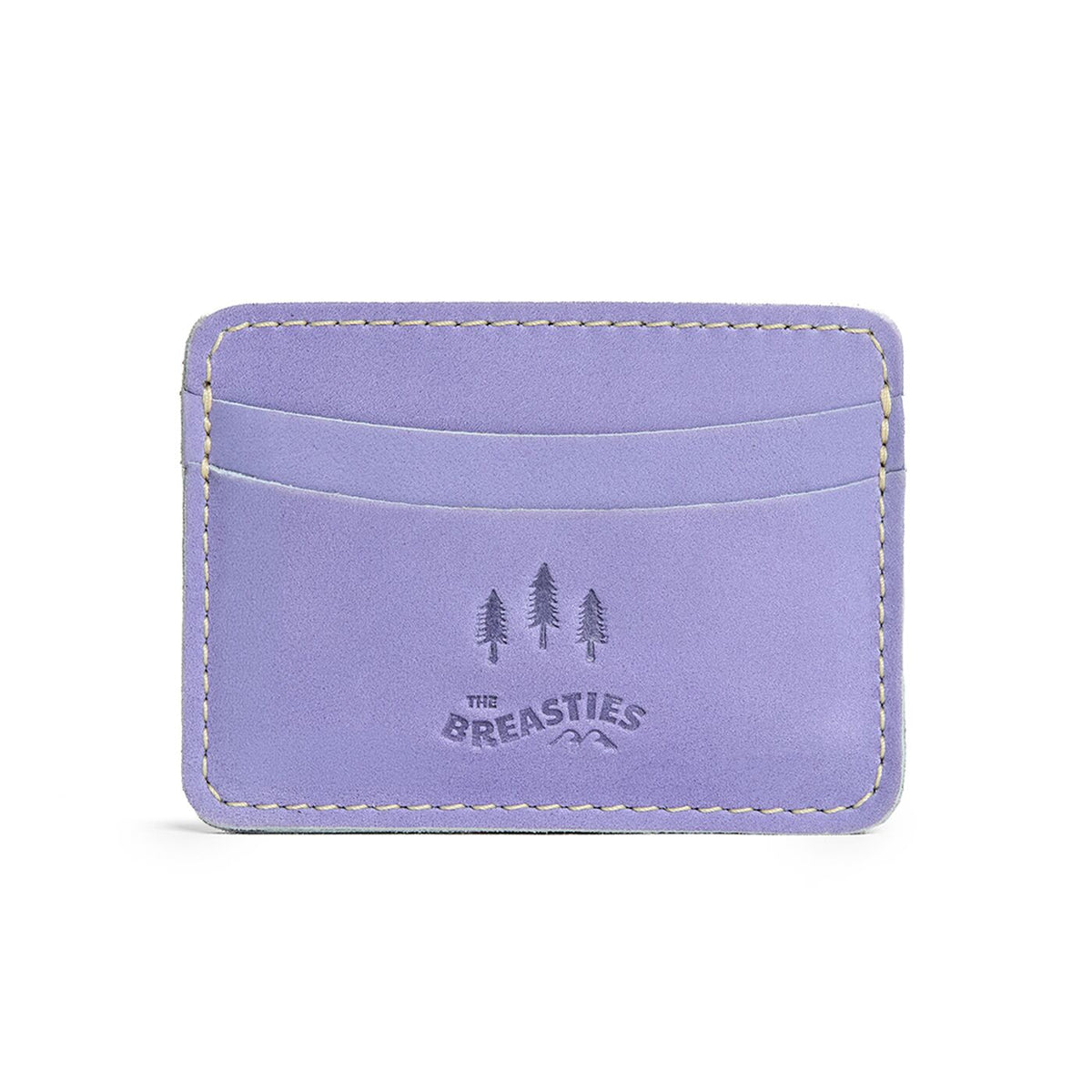 Chalk Violet | Minimalist leather wallet with card slots branded with PLG trees and The Breasties logo