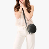 Pebbled--black Small | Circle shaped crossbody bag with top zipper