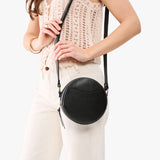 Pebbled--black Small | Circle shaped crossbody bag with top zipper