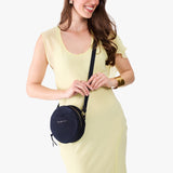 Velvet Blue Small | Circle shaped crossbody bag with top zipper