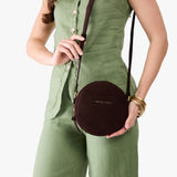Velvet Brown Small | Circle shaped crossbody bag with top zipper