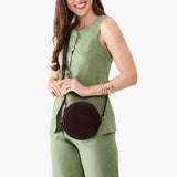 Velvet Brown Small | Circle shaped crossbody bag with top zipper