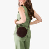 Velvet Brown Small | Circle shaped crossbody bag with top zipper
