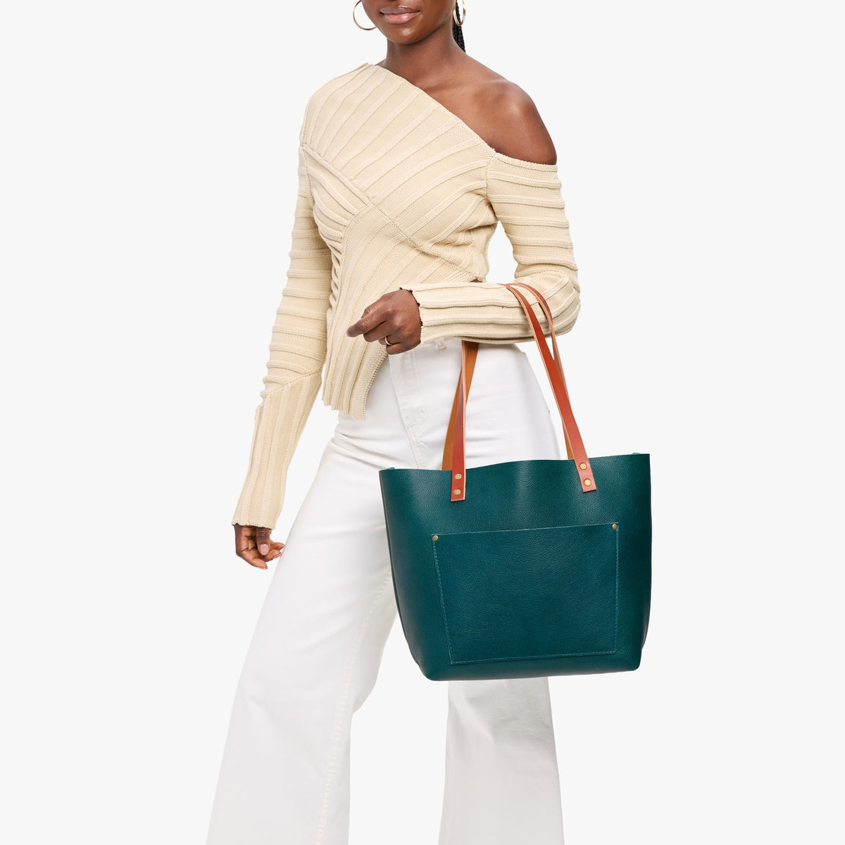 Sea Glass*Classic | Large leather tote bag with sturdy bridle handles and front pocket