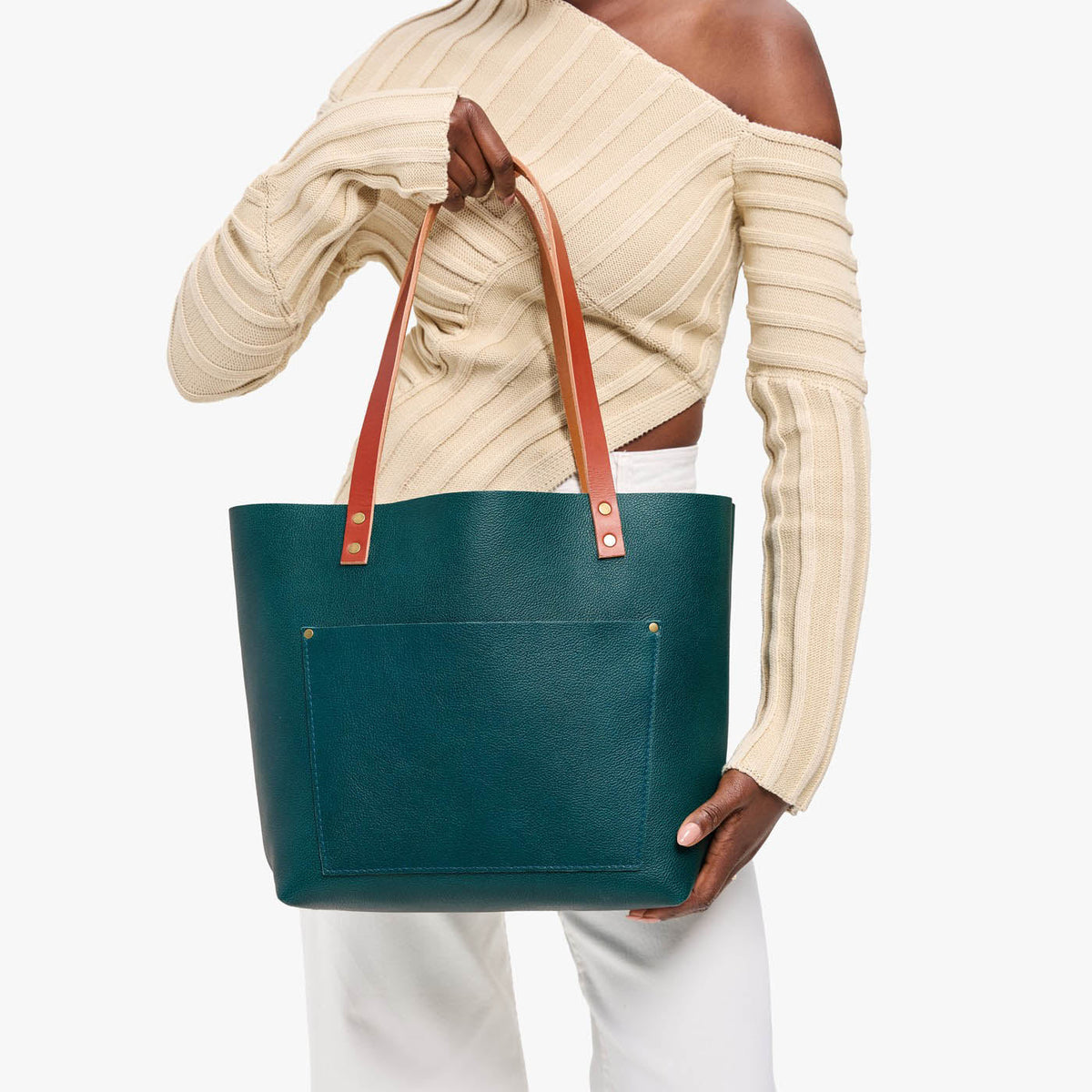 Sea Glass*Classic | Large leather tote bag with sturdy bridle handles and front pocket