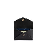 Black | Leather card wallet with scalloped edge open