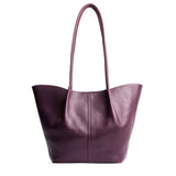 Plum Large | Wide bucket shaped tote bag with matching leather handles
