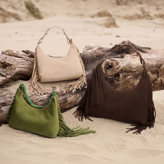 Group of Fringe Willow Shoulder Bags on Beach