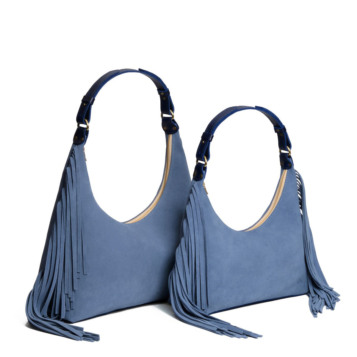 Denim | Fringe size comparison of a U-shaped shoulder bag with adjustable strap