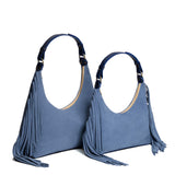 Denim | Fringe size comparison of a U-shaped shoulder bag with adjustable strap