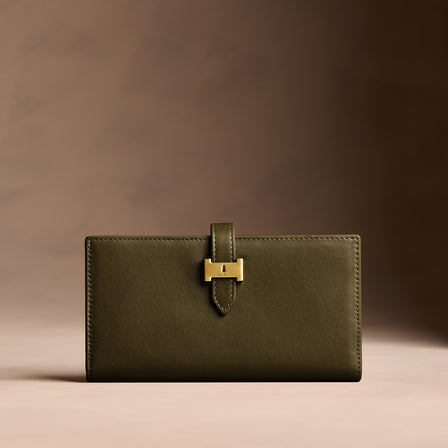 Bay Green*Large | Leather bifold wallet with a strap and bar closure