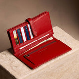 Icon Red Large | Leather bifold wallet with a strap and bar closure