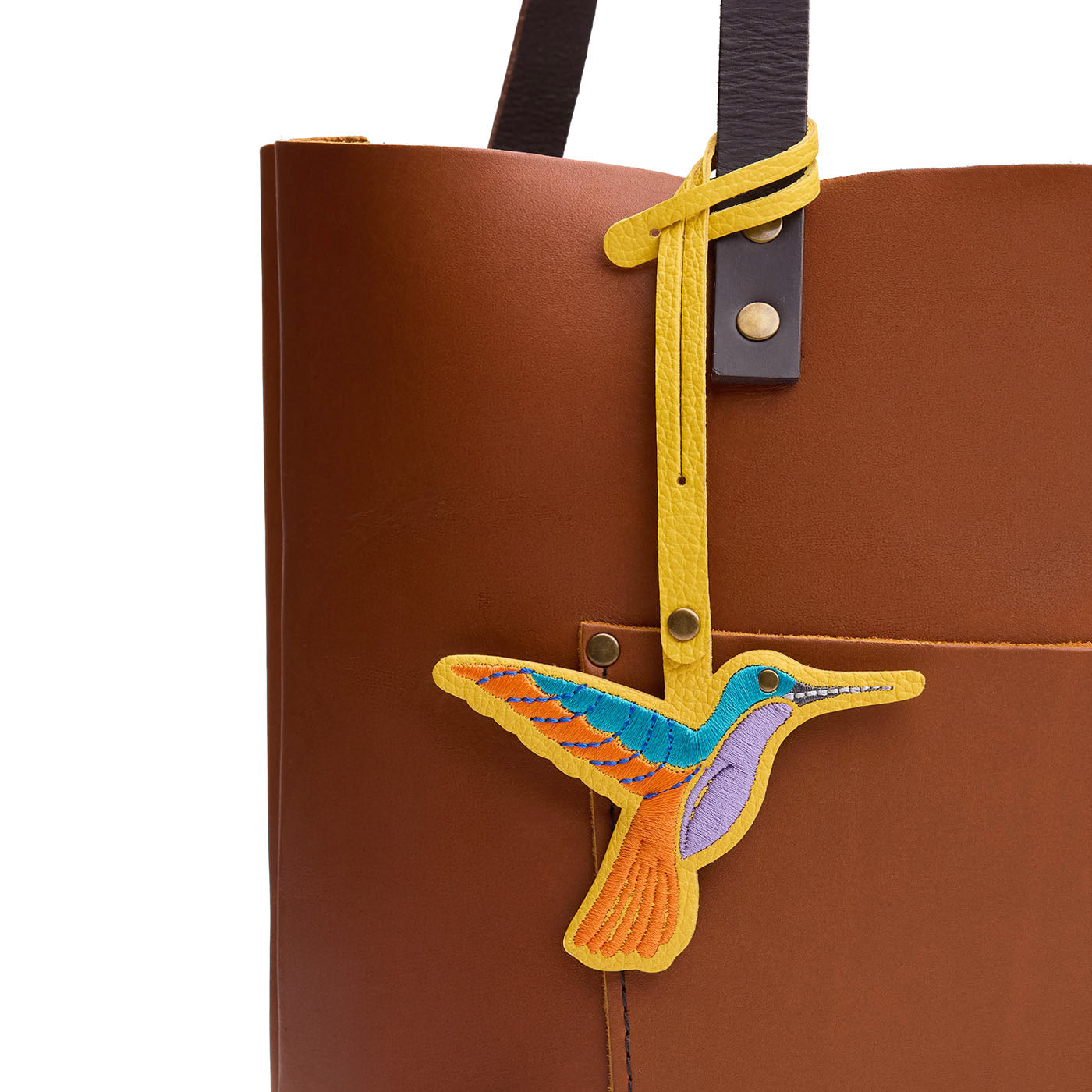 Canary | Multi-colored hummingbird embroidered on a leather tassel