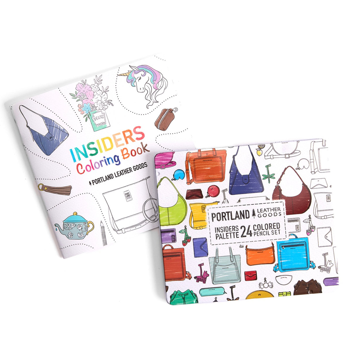Coloring book and container of colored pencils with illustrations of bags and other items on a white background.
