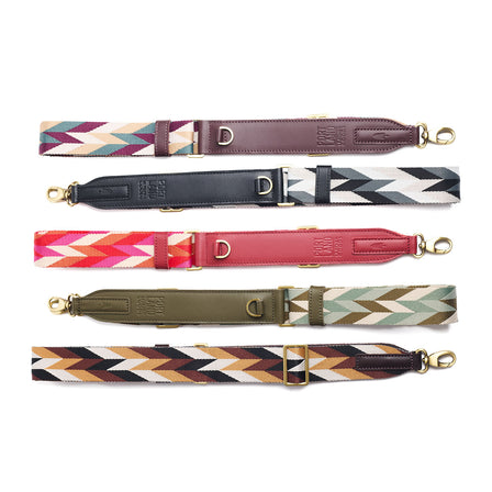 Golden Dusk | Patterned fabric and leather strap on a white background