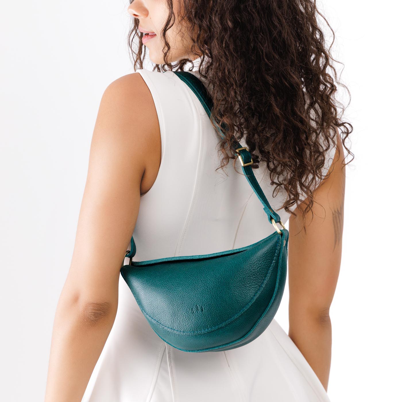 Sea Glass*Small | Model wearing petite half circle shaped sling bag