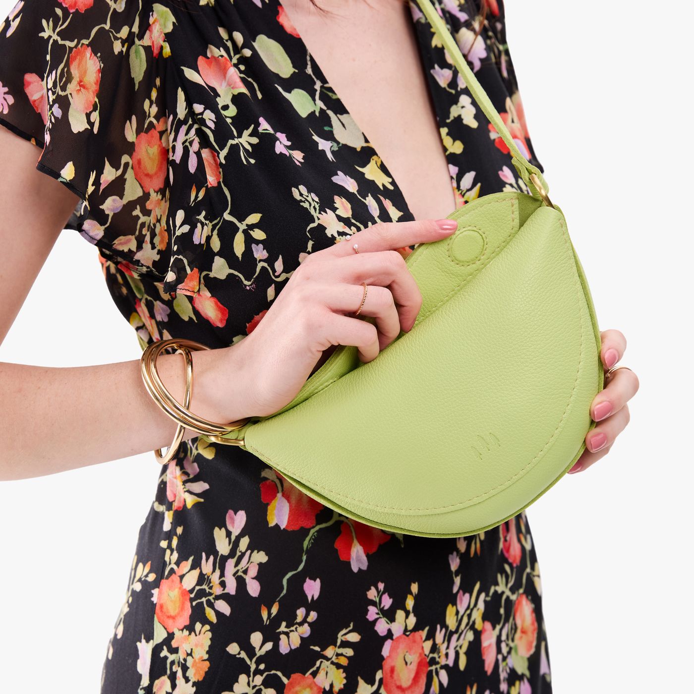 Shadow Lime*Small | Model wearing half circle shaped sling bag