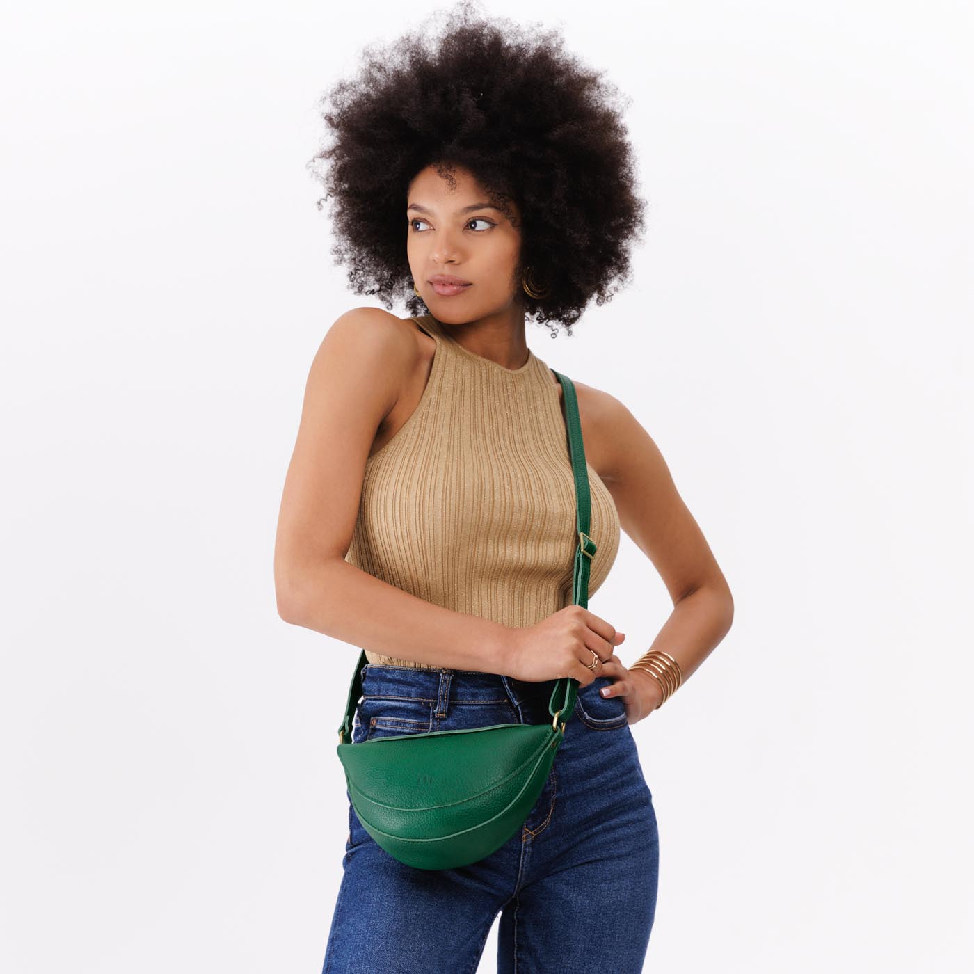 Bacalar*Small | Model wearing petite half circle shaped sling bag
