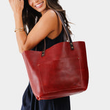 Chili Red Classic | Large leather tote bag with sturdy bridle handles and front pocket VARIANT2