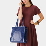 Cowboy Blue North/South  | Structured large tote bag with overlapping panels and crossbody strap