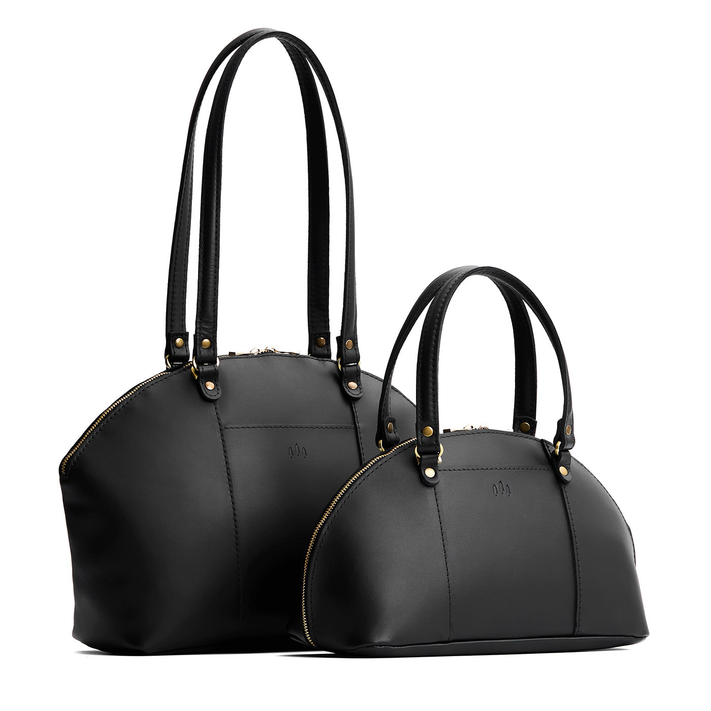 Black | Size comparison of the large and small half circle crossbody bag with handles and removable crossbody strap 