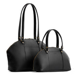 Black | Size comparison of the large and small half circle crossbody bag with handles and removable crossbody strap 