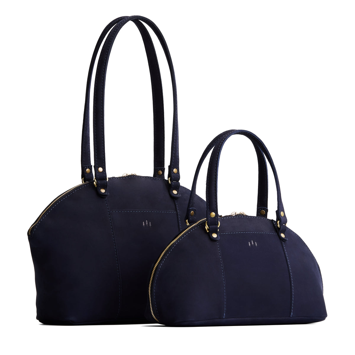 Velvet Blue | Size comparison of the large and small half circle crossbody bag with handles and removable crossbody strap 