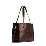 Chocolate Brown East/West | Structured wide tote bag with overlapping panels and crossbody strap