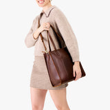 Cognac North/South | Structured large tote bag with overlapping panels and crossbody strap