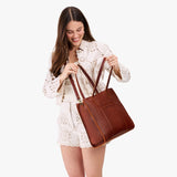 Nutmeg North/South | Structured large tote bag with overlapping panels and crossbody strap