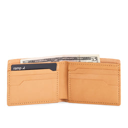 Leather bifold wallet with six geometric card slots
