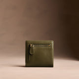Bay Green Small | Petite slim leather bifold wallet with multiple card slots and a zippered back pocket - back view
