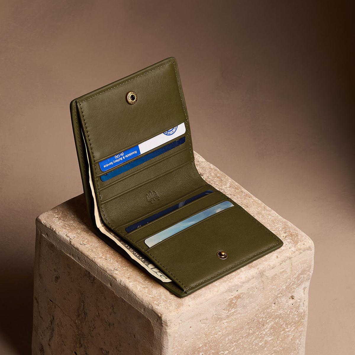Bay Green*Small | Petite slim leather bifold wallet with multiple card slots and a zippered back pocket
