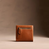 Vintage Tan Small | Petite slim leather bifold wallet with multiple card slots and a zippered back pocket - back view