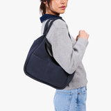 Alaska Blue Medium | U-shaped, flat-bottomed leather shoulder bag with two outside pockets