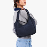 Alaska Blue Medium | U-shaped, flat-bottomed leather shoulder bag with two outside pockets