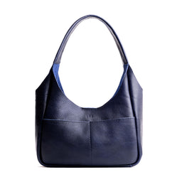 Cobalt*Medium | U-shaped, flat-bottomed leather shoulder bag with two outside pockets