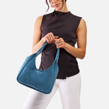 Mariner Blue Medium | U-shaped, flat-bottomed leather shoulder bag with two outside pockets